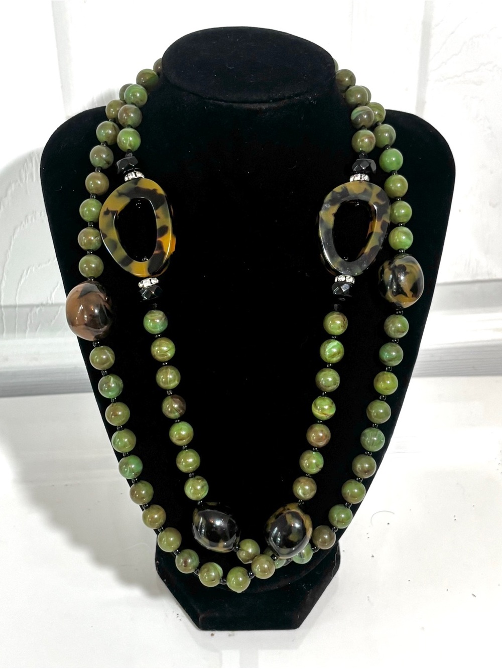 Vintage 1970’s Olive Green Beaded Necklace Faux Turquoise Rings Rhinestone 45”